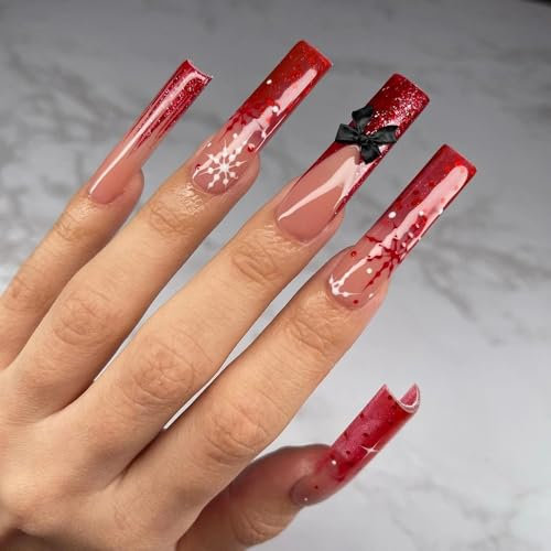 Faux Ongles Extrême Long MouyouGlow,Ballerina Rouge French Paillettes Jour de Noël Flocon de neige Christmas 3D Bow Tie Noeud papillon Press on Nails avec Colle à Ongles,Snow New Year Fake Nails