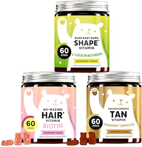 Trio für Haare, Haut & Figur - Biotin für Haare, Kupfer für Hautpigmentierung, Chrom für Stoffwechsel - 3-in-1 Vitamin Gummibärchen Bundle - 180 Stück - Vegan & Zuckerfrei - Bears with Benefits