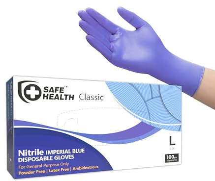 Safe Health Nitrile Disposable Gloves, Size L, Imperial Blue, Pack of 100, Powder-Free, Latex-Free, Food Laboratory, Janitorial Painting, Mechanical Finishing Laws Enforcement, 3 Mil