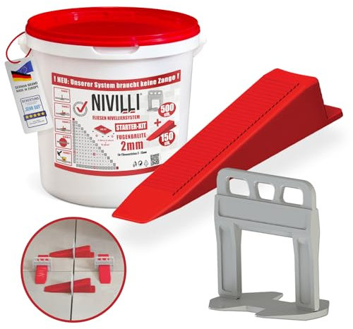 Nivilli Keily Starter Set 300 x Tabs + 100 x Wedges Pliers Free Professional Levelling System Tile Laying Aid. 2mm Joint Width, Material Thickness 3-15 mm
