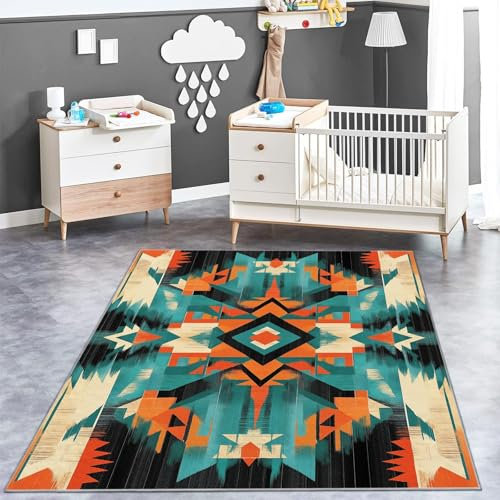 Teppich Türkis Und Orange rutschfeste Kurzflor Bedruckte Abstrakte Tribal Illustration Teppiche Waschbar Kinderteppiche Teen Schlafzimmer Wohnzimmer Dekor 140 x 200 cm