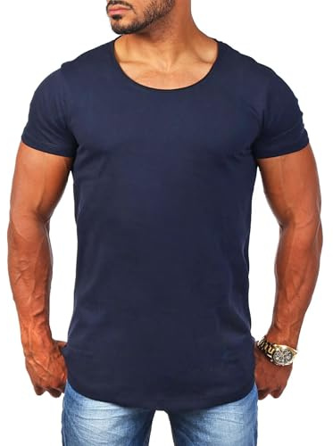 Young & Rich Herren Uni T-Shirt mit tiefem Rundhals Ausschnitt einfarbig körperbetontes Basic Tee Vintage Look 1702, Grösse:S, Farbe:Dunkelblau