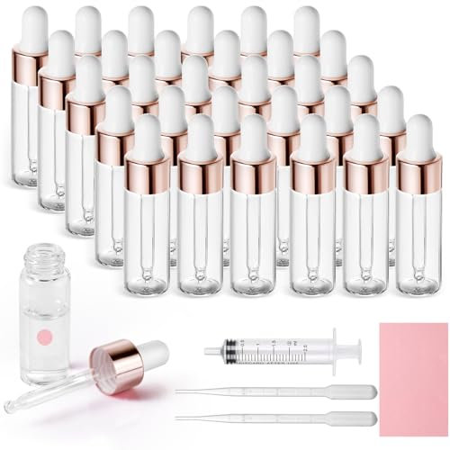 Nadisean 30 Stück Mini Pipettenflasche 3ml, Transparente Flasche mit Pipette, Roségoldener Kleiner Probenfläschchen mit pipette mit 2 x 3ml Pipette für Parfüm, Öle