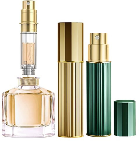 JOOMOKO Pulverizador de perfume rellenable, 5 ml de perfume, botella vacía, atomizador de perfume para viajes, vacía para viajes, color dorado y verde