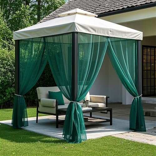 SK Studio Dark Green Outdoor Sheer Curtains for Patio Waterproof 2 Panels Sheer Curtains Privacy Screen Mesh Net Outside Curtains Rod Pocket for Gazebo, Porch, Pergola, 63W x 84L