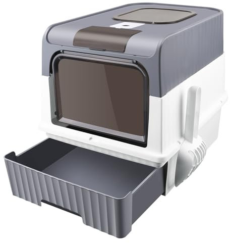 Bac à Litière Fermé,Couvercle Amovible,Anti-Fuite,Plateau Amovible,Filtre Qui réduit Les Mauvaises odeursBac Litière pour Chat avec Toit Ouvrant,Poignée de Transport et Pelle (Gris, 49 * 35 * 37)