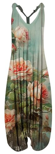 Vasreyy Damen Sommer Jumpsuit Latzrock Große Größe Lässiger Elegant Blumenmuster Ärmellos Elastische JumpsuitCasual Lose Weites Bein Playsuit Mit Taschen Overall