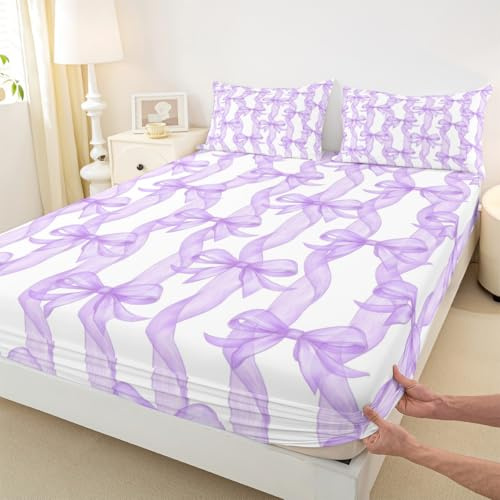 Spannbettlaken mit Schleife, volle Größe, violette Schleife, Streifen, Mädchen-Bettwäsche-Set, 3-teilig, für Kinder, Damen, Jugendzimmer, Dekoration, mädchenhaft, Schmetterlingsbindung, Bettüberzug