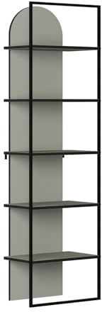 FWStyle Ash Green Archy Bookcase with Arched Top, Modern Open Display Shelf with Black Metal Frame, Tall Slim Storage Unit for Living Room, Bedroom or Home Office H180cm