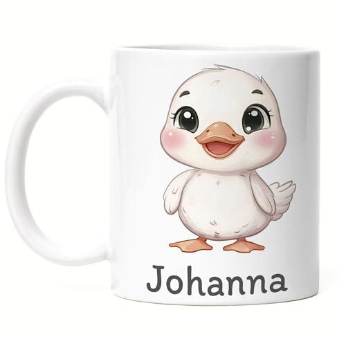 Kiddle-Design Kindertasse mit Namen Personalisiert, Personalisierte Tasse Kinder mit Ente, Namenstasse Entetasse, Kinderbecher als Geschenk zur Geburt, Taufe Weihnachten - Tasse Weiß