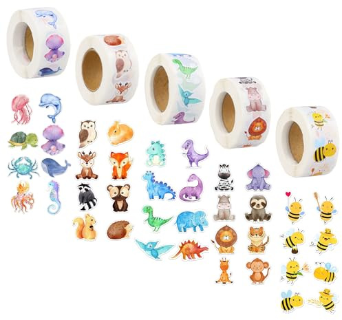 2500 Gommettes Autocollantes Animaux - 5 Rouleaux Thèmes Abeille, Dinosaure, Forêt, Safari & Marin, 40 Motifs Mignons, Gommettes Enfant Éducatives, Autocollant Enfant pour Décoration et Jeu