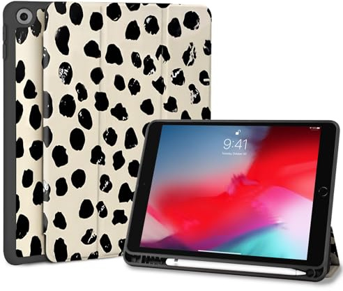 Fycyko Étui pour iPad 9ème/8ème/7ème Génération 10.2 inch(2021, 2020, 2019),Points Noirs et Blancs Coque avec Porte-Crayon et Support Trifold,Cute Étui de Protection-Beige