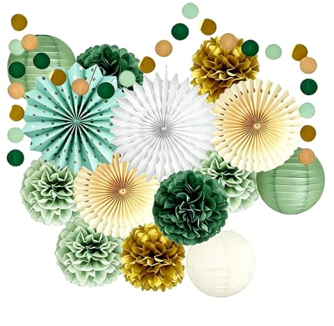 Decorazioni Festa Verde Salvia Set, Pompon Carta Velina Ventagli Lanterne Ghirlanda, Beige Oro Oliva Mix, per Compleanno Baby Shower Matrimonio Fidanzamento Festa