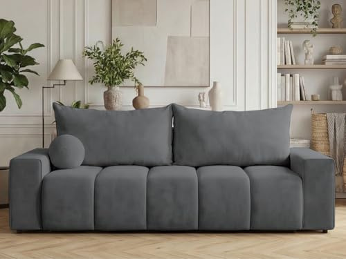 GRAINGOLD Miro Sofa modern mit Bettfunktion, 230x90 cm, Sofa für Wohnzimmer, Velours-Stoff, 3-Sitzer Couch, Sofa mit Bettkasten (Dunkelgrau)
