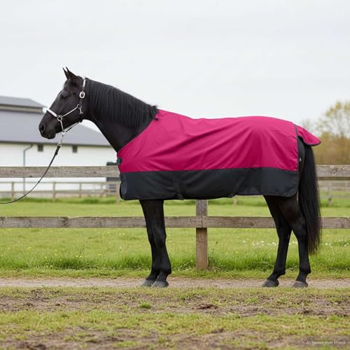 Pferdedecke 115 cm Regendecke aus Polyester, atmungsaktive Outdoor-Decke für Pferde mit Schweiflatz und verstellbaren Schnallen, wasserdicht, Rosa Schwarz