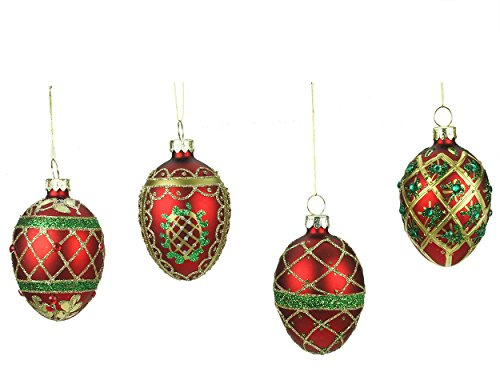 Set mit 4 Eiern aus Glas, Rot, Gold und Grün, 6 cm