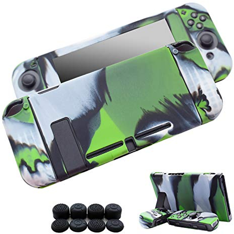 Hikfly Silikon-Gel-Schutzhülle, rutschfest, kompatibel mit Nintendo Switch Konsolen und Joy-Con-Controllern, mit 8 Silikon-Gel-Daumengriff-Kappen (grüne Tarnung), 3 Stück