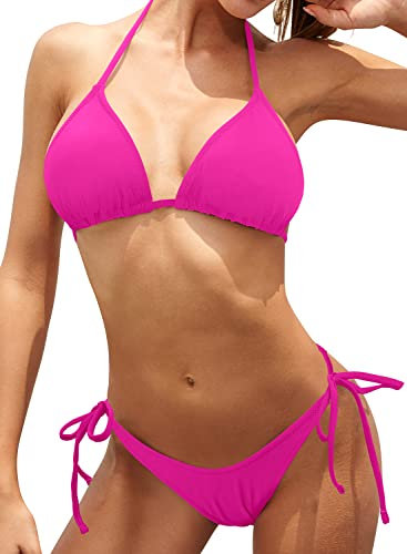 SHEKINI Costume da Bagno Bikini Set da Donna Classico Regolabile Costumi Due Pezzi Triangolo Fondo da Spiaggia(L,Rosa Fluorescente)