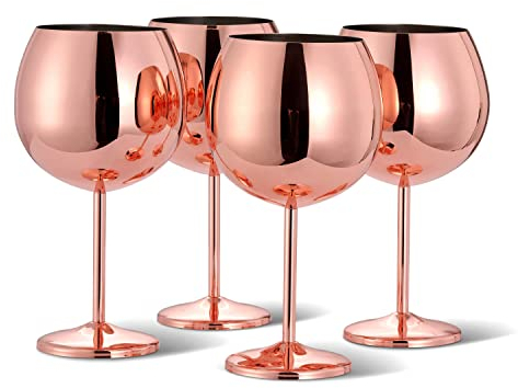 Oak & Steel - 4 Stainless Steel Large Goblet Wine Glasses, 700ml - Unbreakable Balloon Glass Gift Set for Cocktails Gin Wedding Anniversary Birthday Party (Rose Gold)