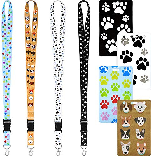 4 Sätze Paw Dog Print Lanyard Hundemuster Halsriemen Lanyard mit Ausweishalter, Halsband mit Sicherheitsabbruch und Metallclip für Schlüssel, Personalausweis, Flugticket