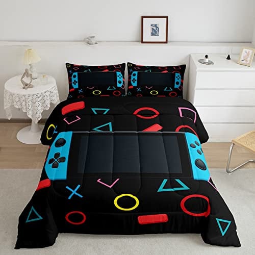 Feelyou Gamer Comforter Set for Boys Bedroom Kids Toddler Gaming Bedding Set Video Game Comforter Full Size Home Decor Curtain Geometric Triangle Circle Quilted Duvet Set with 2 Pillow Shams Colorful