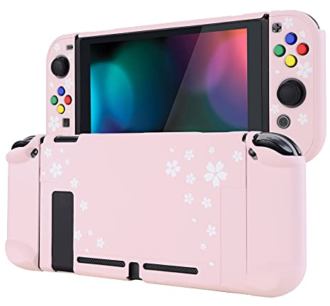 eXtremeRate PlayVital Housse de Protection pour Switch Joycon,Coque avec Capuchon pour Switch Console et Boutons-Pétales-Rose Clair