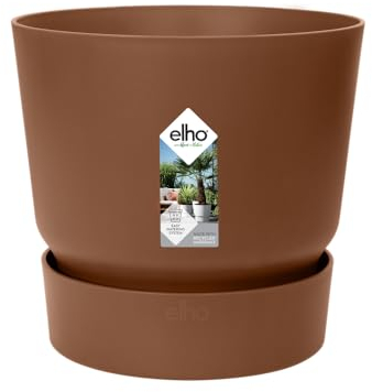 elho Greenville Round 14 - Flower Pot with Integrated Water Reservoir - Indoor & Outdoor - 100% Recycled Plastic - Ø 14.0 x H 13.4 cm - Brown/Ginger Brown