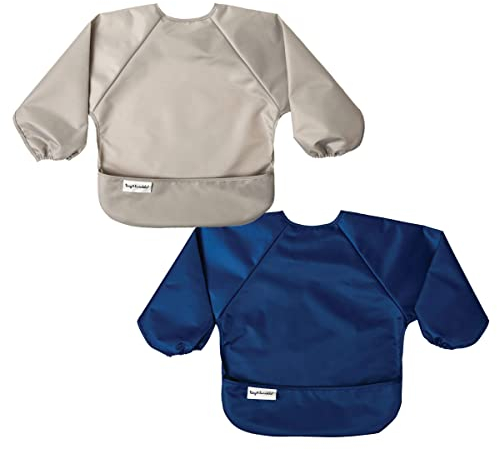 Tiny Twinkle Mess Proof Baby Bib, 2 Pack Long Sleeve Bib Outfit, Waterproof Bibs for Toddlers, Machine Washable, Tug Proof (Grey Indigo, Klein 6-24 Months)