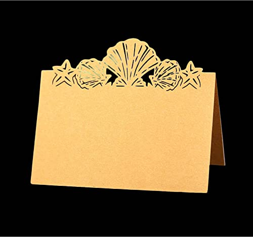 GIVBRO Tischkarte Name hohl Zelt Karte Muschel Seestern gemustert gefaltet Sitzkarte für Hochzeit Party Dekoration Gold, 50 Stück