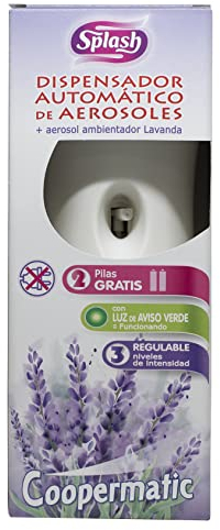 SPLASH| Dispensador Automático de Aerosoles + Recambio Splash 250 ml Lavanda Coopermatic | Con Luz de Aviso| Intensidad Regulable | 2 Pilas Incluidas | Recambios universales uso automático y manual