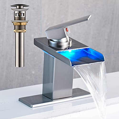AVSIILE LED-Waschbecken-Wasserhahn, gebürstetes Nickel, Wasserfall, Einlochgriff, Wohnmobil, Badewannenarmaturen, 1 Loch mit Metall-Pop-Up-Ablauf und 2 Wasserversorgungsleitungen, Edelstahl-Auslauf