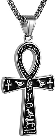 HZMAN Edelstahl großen Ankh Kreuz Anhänger Halskette altägyptischen Hieroglyphen Symbol 22 + 2 Zoll Kette (Silber)