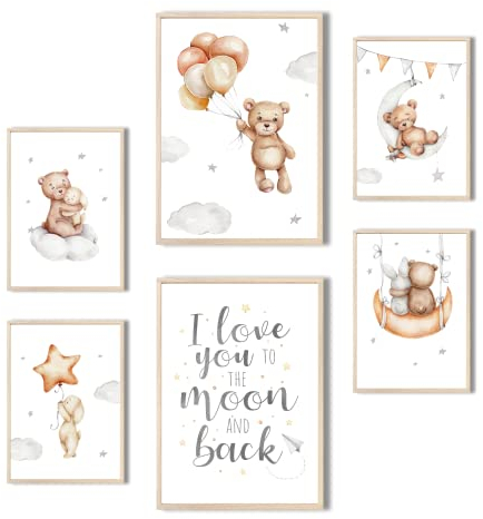 MeinBaby123® Poster Kinderzimmer | 6er Set DIN A4 Poster Set | Wandbilder mit Spruch | Regenbogen | Deko Kinderzimmer Mädchen und Jungen | Babyzimmer Deko | Wandposter Premium(Bär & Sterne V2)