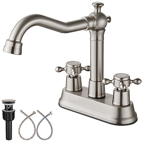 Aolemi Grifo de lavabo de baño de 4 pulgadas, vintage, 2 asas cruzadas, grifo mezclador para caravana, lavabo de tocador, utilidad para fregadero, 3 agujeros, incluye manguera de agua, drenaje