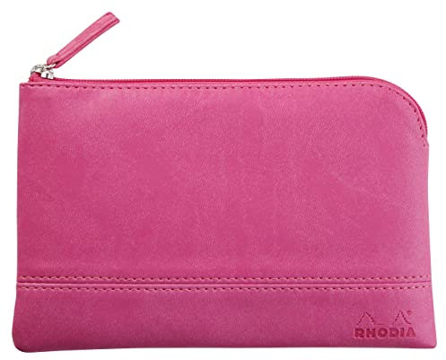 RHODIA 116542C - Astuccio con cerniera simil cuoio - Fucsia - Taglia S (11 x 17 cm) - vere cuciture - Interno in tessuto arancione - documenti, piccole forniture da ufficio