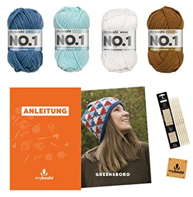 myboshi Strickset Mütze Greensboro, inkl No.1 Wolle, Nadelspiel, Anleitung, Label, 30% Merinowolle Blau 4 Knäuel mit Nadelspiel