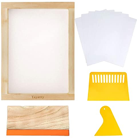 Yayatty 9 Stück Siebdruck Kit, Siebdruck Rahmen Set, Holz Siebdruckrahmen Anders Siebdruckrahmen mit Mesh, Tintenschaber und Abdeckband für Den Siebdruck