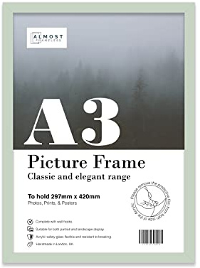 Almost Frameless A3 Mint Green Picture Frame Fits A3 (29.7 x 42cm - 11.7 x 16.5in) Poster, Photo, Artwork, or Print. Thin Edge Slim Frame Portrait and Landscape Display with Wall Hooks