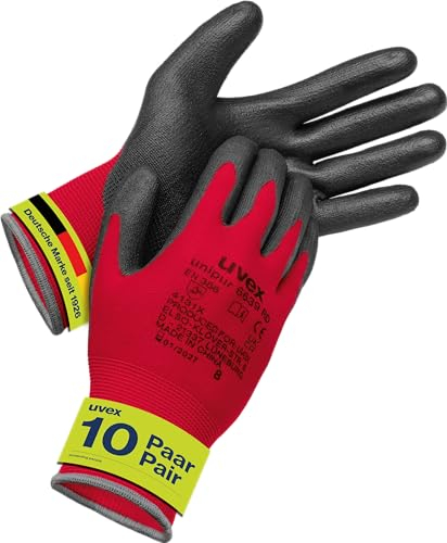 Uvex unipur 6639, 10 Paar - Montagehandschuh für trockene & leicht feuchte Bereiche - leicht, feinfühlig & schmutzunempfindlich - rot, schwarz - Größe 07/S
