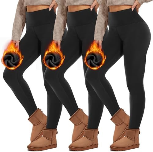 HIPOWER Lot de 3 leggings thermiques doublés pour femme - Taille haute - Polaire - Opaques - Noir - Sous-vêtements thermiques - Pantalon de course - Pantalon de yoga, B-noir x 3, S-M
