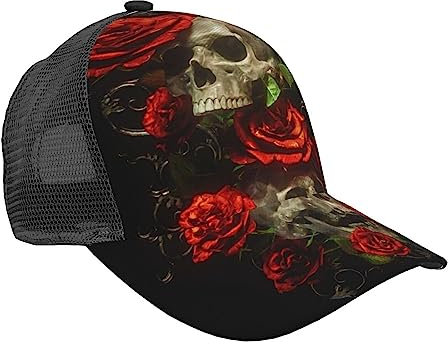 BAFAFA Skull and Roses Printed Mesh Cap Summer Mesh Baseball Cap Outdoor Cap Mesh Trucker Hat Dad Hat Adjustable Breathable Caps Black
