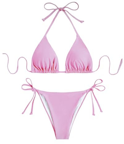 Maillots de Bain avec Rembourrage pour Femme Bikini Rembourré Classique Réglable Halter Triangle Top de Bikini de Plage avec Taille Basse String Bas de Bikini,Taille Unique Couleur Rose