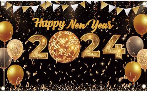 2024 Neujahrs Banner Große Happy New Year 2024 Deko Silvester Banner Deko für Silvester Party Schwarz Gold Feuerwerk Photo Booth Hintergrund Poster für Neujahr Party Supplies