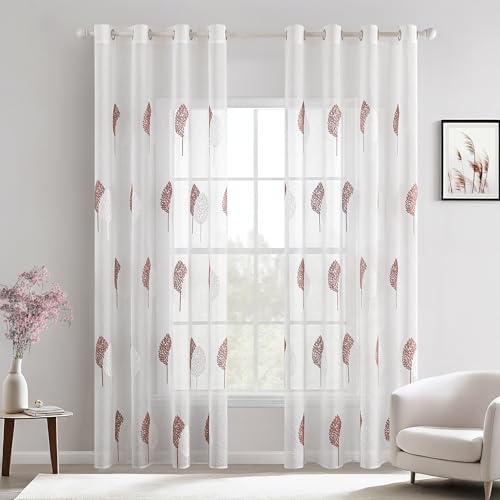 MIULEE Wohnzimmer Vorhänge Transparent mit Altrosa und Weiß Blätter Muster, Modern Stickerei Gardinen Ösen für Schlafzimmer Deko, 2er Set Schöne Blätter Muster Vorhang Fenster H 245 x B 140