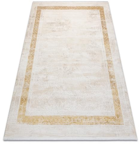rugsx Moderner Teppich Duke 51524 Creme/Gold für das Wohnzimmer, Schlafzimmer, Jugendzimmer, Rahmen, griechisch strukturiert, sehr weich, Fransen 140x190 cm