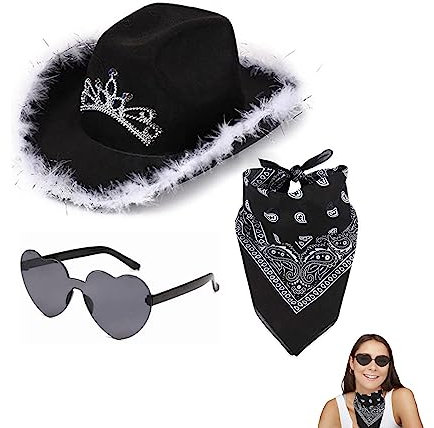 Besreey Cowgirl Set - Cowboyhut Damen Pink Set - Cowgirl Hut Pink - Karneval Hut - Kostüm Zubehör Set - Filz - Flauschig - Federbesatz - Cowgirl Hüte Mit Herzbrille - Bandana