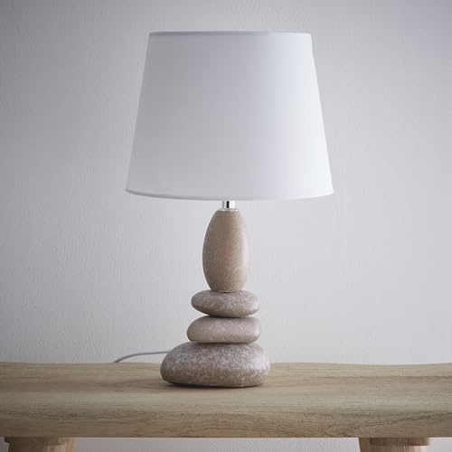 K LIVING Pebbles Ceramic Table Lamp with White Cotton Lampshade and a Pebbles Design Base