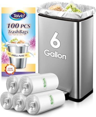 Teivio 25 Liter 100 Counts Strong Pedal Bin Liners, fit 5-6 Gal Garbage Bags, Bathroom Waste Bin Liners, Small Plastic Trash Can Bags for home office kitchen, Clear