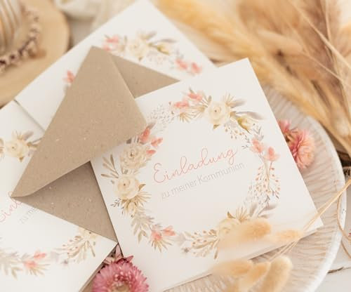 Einladungskarte Trockenblumen - zur Konfirmation, Kommunion für Mädchen oder Junge - quadratische Klappkarten inkl. Umschlag (15 Stück Konfirmation Karten)