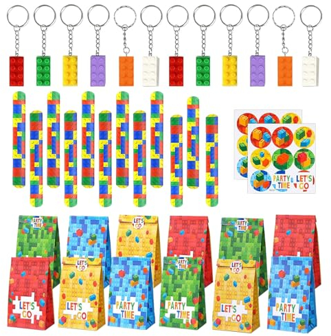 Yhjxly 36 Pcs Bausteine Geburtstag Mitgebsel, Baustein Party Dekoration,12 Kinder Slap Armbänder,12 Schlüsselanhänger ,12 Geschenktüte für DIY Blöcken Themen Party Geschenk für Kindergeburtstag